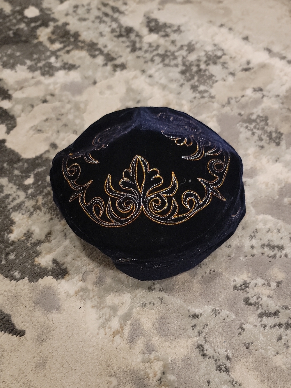 Embroidered Velvet Round Kazakh Takia Hat - Navy & Gold